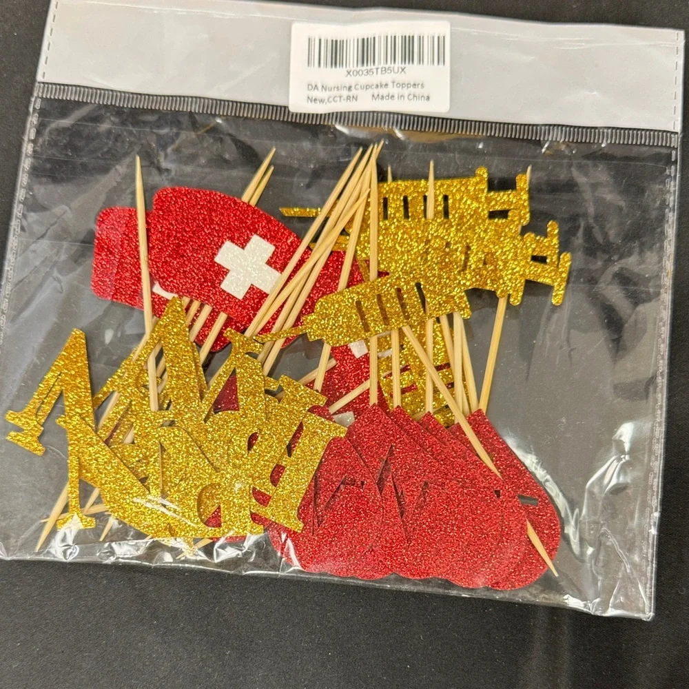 Glittery Red and Gold Cupcake Toppers Nursing needle heart RN and hat all new